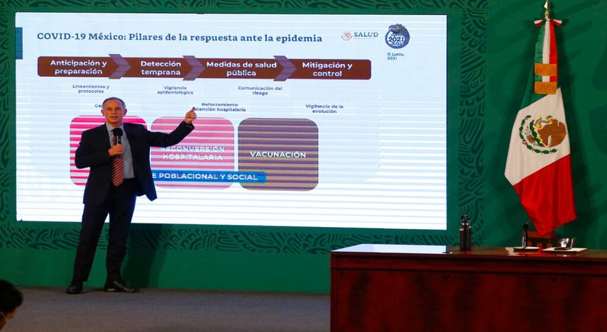 El subsecretario de Salud de México, Hugo López-Gatell, habla el viernes 11 de junio de 2021 durante su última conferencia de prensa diaria sobre el COVID-19.
