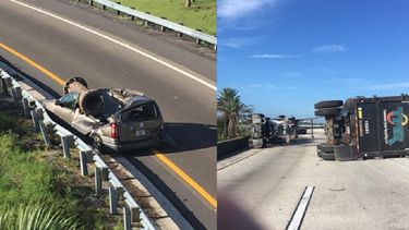 El metal cayó de un puente interestatal y aterrizó en la parte superior de la camioneta.