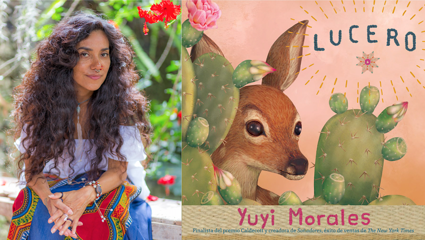 La escritora e ilustradora Yuyi Morales junto a la portada de su libro Lucero.&nbsp;