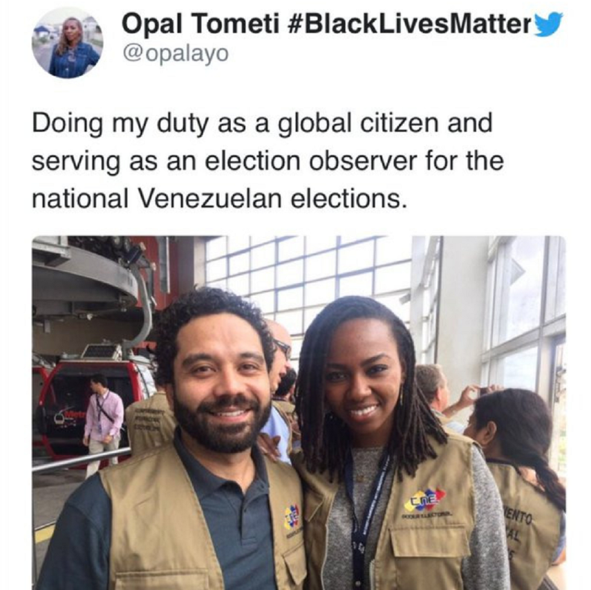 Opal Tometi, de origen nigeriano es cofundadora de Black Lives Matter, ella particip&oacute; como observadora electoral en Venezuela en 2015.