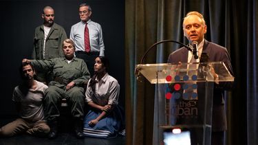 Elenco de Las paredes oyen y el presidente del Museo Americano de la Diáspora Cubana, Marcell Felipe.