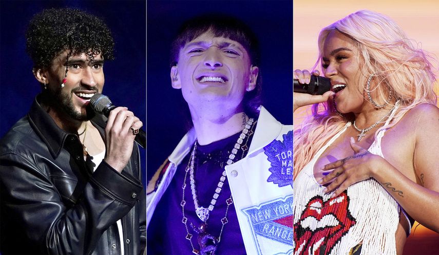 Esta combinación de fotografías muestra a Bad Bunny, izquierda, Peso Pluma y Karol G, quienes son algunos de los artistas finalistas de los Premios Latin Billboard.&nbsp;