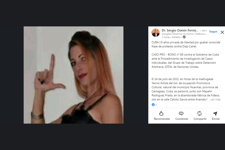 Denuncia en LinkedIn del abogado defensor de la promotora cultural de Cuba, Yennis Artola del Sol, el Dr. Sergio Fernández. Denuncia en LinkedIn del abogado defensor de la promotora cultural de Cuba, Yennis Artola del Sol, el Dr. Sergio Fernández.