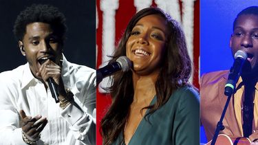 De izquierda a derecha, Trey Songz canta en los Premios BET en Los Angeles el 25 de junio de 2017, Mickey Guyton canta en la conferencia de American Masters de PBS sobre Patsy Clyne en Pasadena, California, el 15 de enero de 2017, y Leon Bridges canta en la gala de primavera del Teatro Apollo en Nueva York el 13 de junio de 2016.&nbsp;