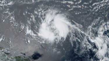 Foto satelital de la tormenta tropical entregada por la Oficina Nacional de Administración Oceánica y Atmosférica de EEUU.&nbsp;
