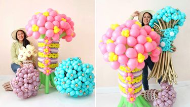 La empresaria venezolana Génesis Nieves posa junto a unos de sus diseños con globos.&nbsp;