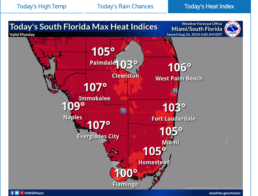 Índice de calor para este lunes 26 de agosto.