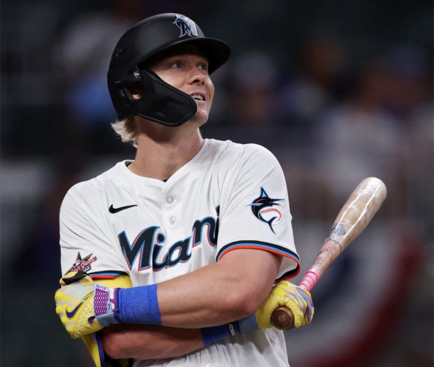 Kyle Stowers, de los Miami Marlins, reacciona durante la octava entrada del Juego de Estrellas de la MLB 2025&nbsp;