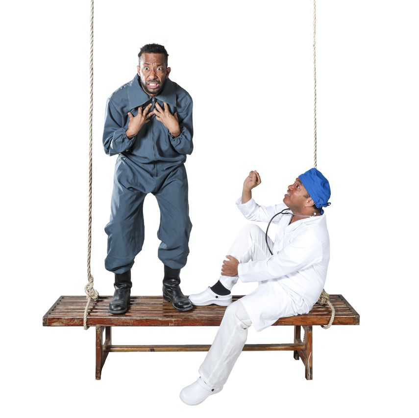 Los actores Exmin Carvajal y Johnnie Mercedes en la pieza teatral&nbsp;De genios y locos... todos tenemos un poco, que llegará al Paseo Wynwood del 26 al 28 de julio, bajo la dirección de&nbsp;                  Germana Quintana.