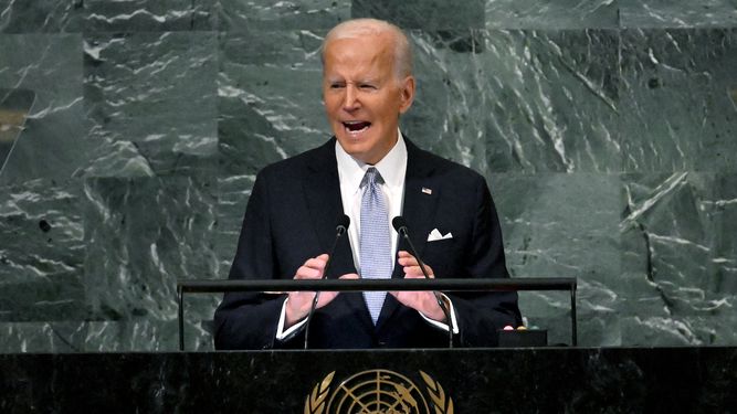 El presidente de los Estados Unidos, Joe Biden, se dirige a la 77ª sesión de la Asamblea General de las Naciones Unidas en la sede de la ONU en la ciudad de Nueva York el 21 de septiembre de 2022. &nbsp;