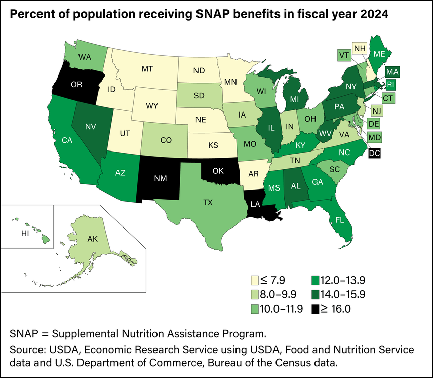 Porcentaje de la población que recibió beneficios SNAP en el año fiscal 2024. Porcentaje de la población que recibió beneficios SNAP en el año fiscal 2024.