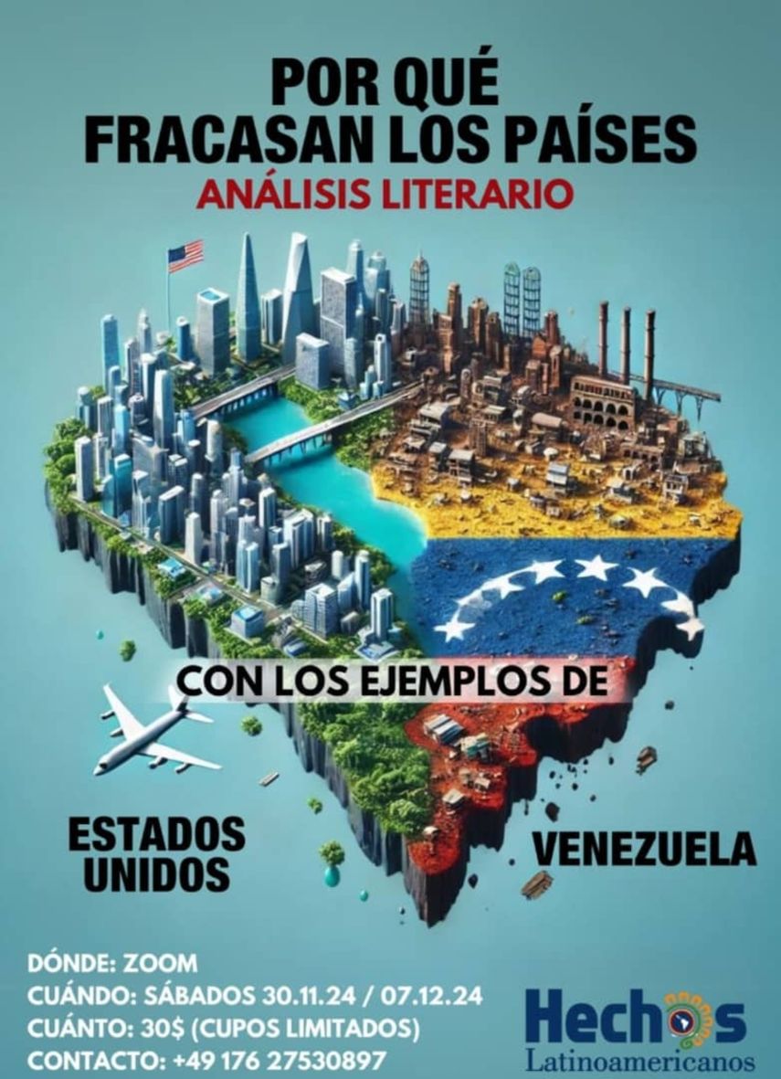 El taller literario ¿Por qué fracasan los países? tendrá dos sesiones por Zoom