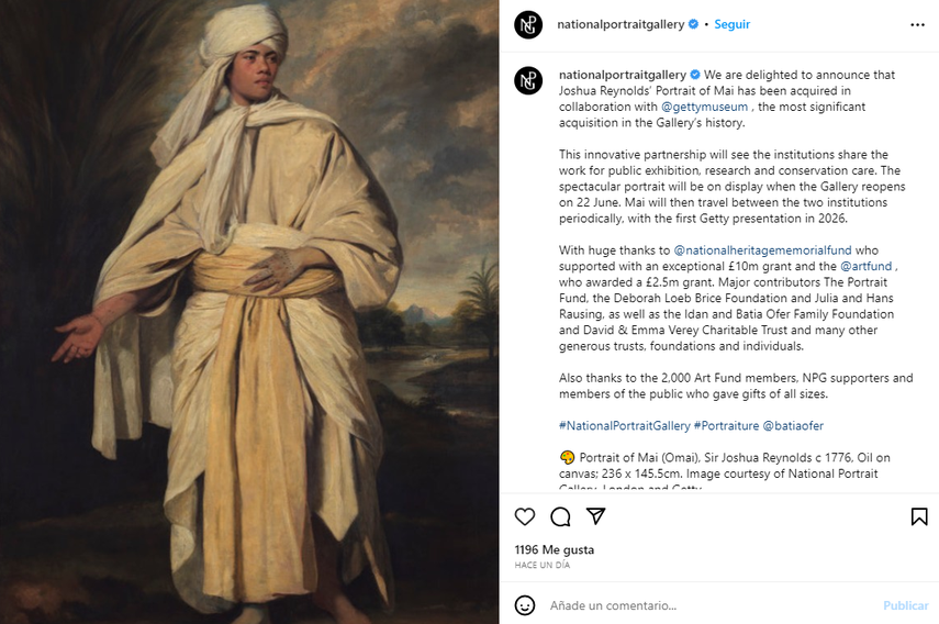 La obra Retrato de Mai (Omai) se mostrará al público a partir del 22 de junio con motivo de la reapertura de la NPG después de tres años de trabajos.