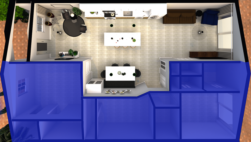 Vista superior del diseño digital para la remodelación de una cocina-comedor.&nbsp;