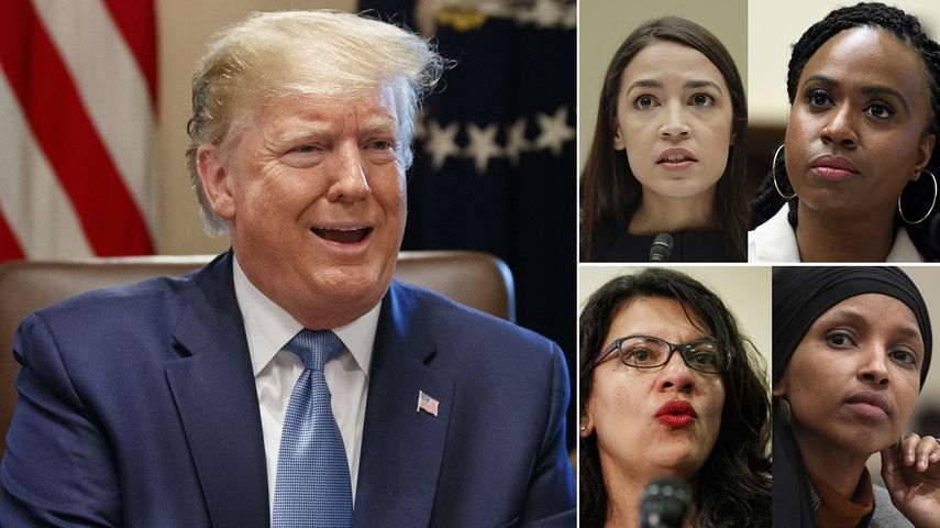 Combinaci&oacute;n fotogr&aacute;fica donde aparecen el presidente Donald Trump y las cuatro legisladoras dem&oacute;cratas que fueron objeto de los tuits calificados de racistas.