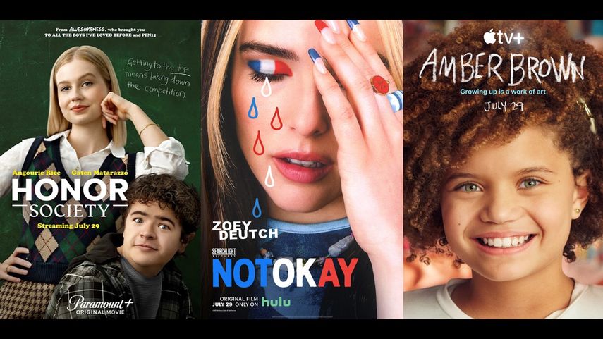 En esta combinación de imágenes de estrenos el arte promocional de Honor Society, una película que se estrena en Paramount+ el 29 de julio; el filme Not OKAY, que se estrena en Hulu el 29 de julio; y Amber Brown, una serie que estrena en Apple TV+ el 29 de julio.
