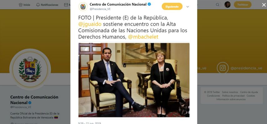 El presidente encargado de Venezuela, Juan Guaidó, y la Alta Comisionada de Naciones Unidas para los Derechos Humanos, Michelle Bachelet.