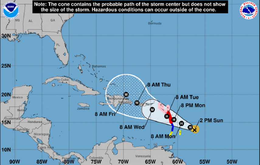 En la imagen del Centro Nacional de Huracanes se observa el posible recorrido de la tormenta tropical María.&nbsp;