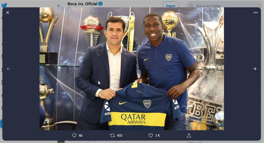 Captura de pantalla de la cuenta de Twitter @BocaJrsOficial que publica una foto del futbolista venezolano Jan Hurtado.