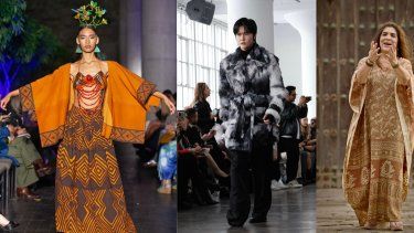 A la izquierda, vestuarios de los diseñadores Lizeth Asháninka y Yirko Sivirich; a la derecha, la cantautora Lourdes Carhuas.