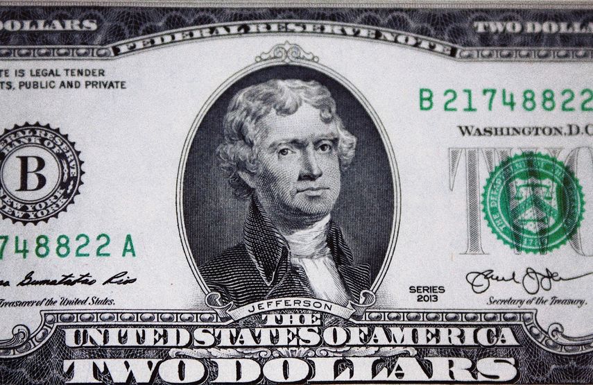 Imagen de Thomas Jefferson, tercer presidente de Estados Unidos, en un billete de dos dólares. 