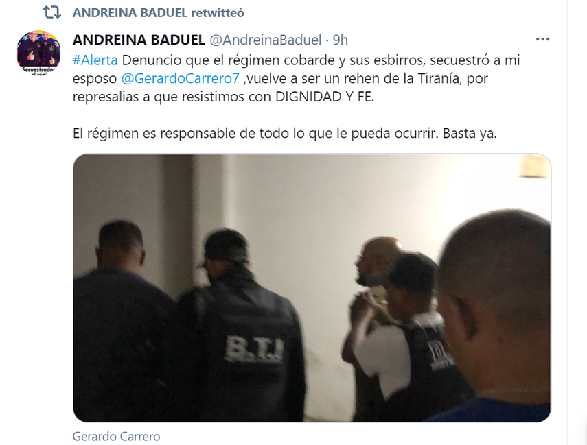 Captura de pantalla de la cuenta de Twitter de la denuncia hecha por la hija del general Raúl Baduel.&nbsp;