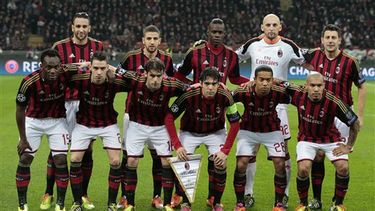 AC Milans players, background from left, Adil Rami, Adel Taarabt, Mario Balotelli, goalie Christian Abbiati, Daniele Bonera, front row from left, Michael Essien, Mattia De Sciglio, Andrea Poli, Ricardo Kaka, Urby Emanuelson, and Nigel De Jong, pose fo