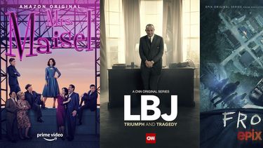 En esta combinación de fotos, el arte promocional de la serie The Marvelous Mrs. Maisel, que regresa en una nueva temporada el 18 de febrero en Amazon; LBJ: Triumph and Tragedy, un documental de dos partes sobre Lyndon Baines Johnson que se transmite el 20 y 21 de febrero por CNN, y la serie de terror y ciencia ficción From, que llega el 20 de febrero a Epix.&nbsp;