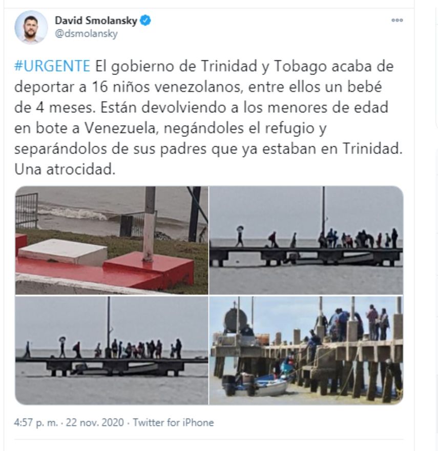 Captura de pantalla del mensaje difundido por el Comisionado de la Secretaría General de la Organización de Estados Americanos (OEA), David Smolansky, a través de su red social Twitter.
