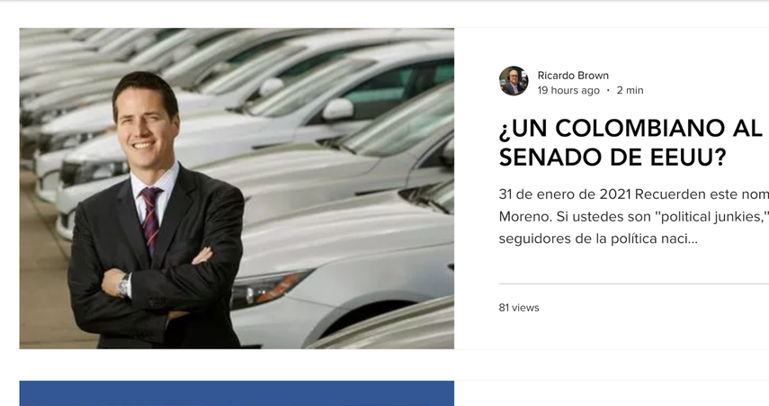 Captura de pantalla de la página de Ricardo Brown, con el artículo sobre Bernie Moreno.&nbsp;