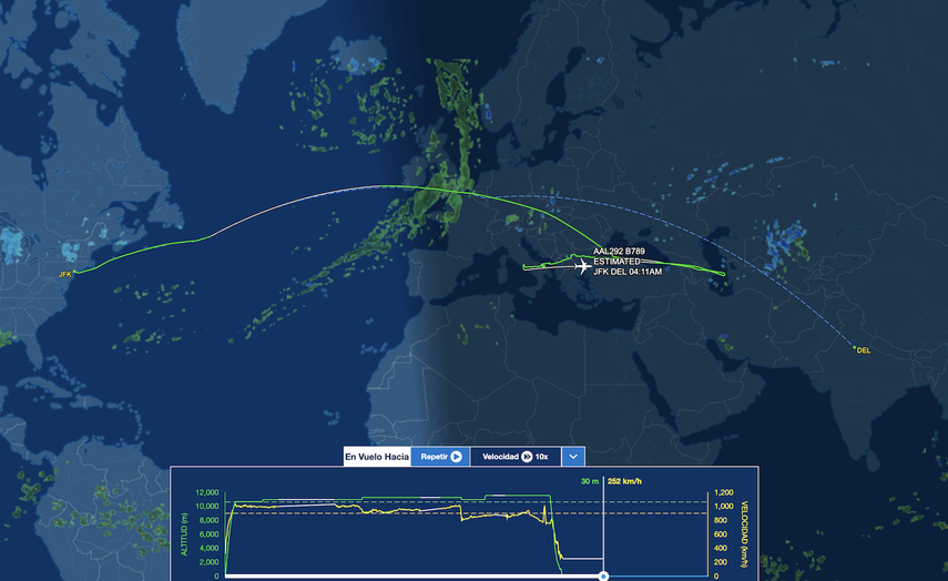 Una captura de pantalla de FlightAware muestra la trayectoria del vuelo AA292, de American Airlines, que salió de NY hacia Nueva Dehli, y fue desviado a Roma por reportes de amenaza de bomba. 