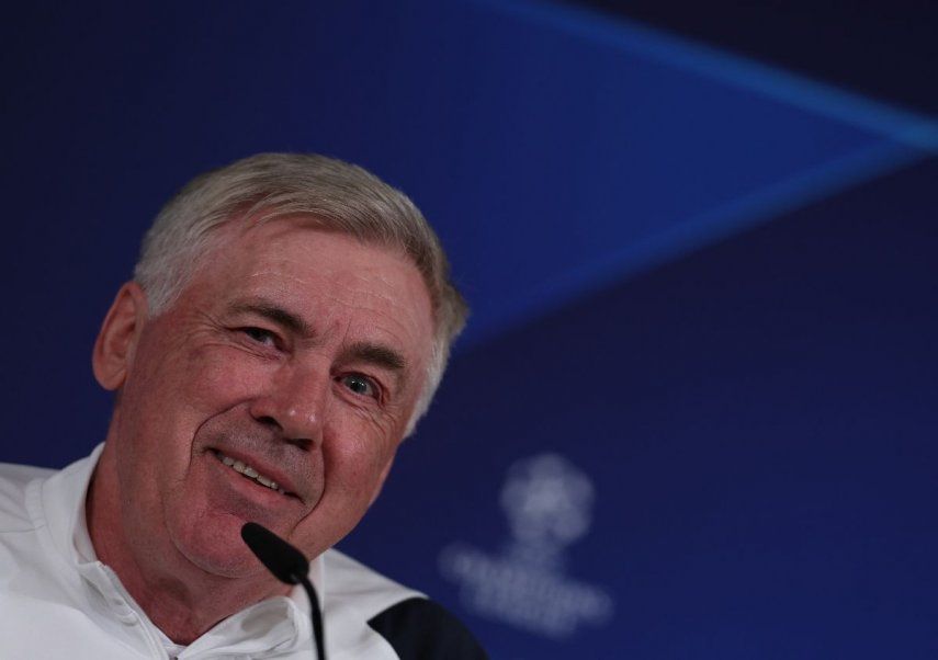 El entrenador italiano del Real Madrid, Carlo Ancelotti, ofrece una conferencia de prensa en vísperas del partido de ida de los cuartos de final de la Liga de Campeones de la UEFA contra el Manchester City en la Ciudad Deportiva del Real Madrid en Valdebebas, en las afueras de Madrid, el 8 de abril de 2024. &nbsp;