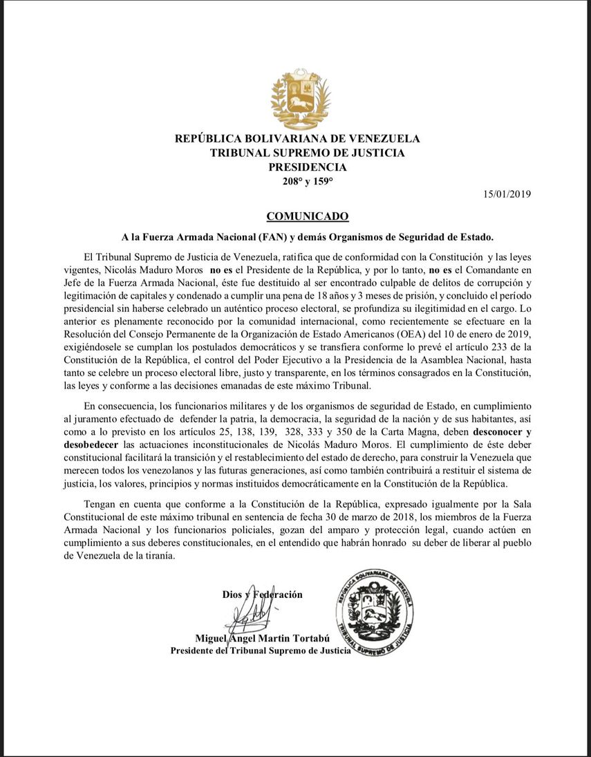 Declaración del TSJ en el exilio.&nbsp;