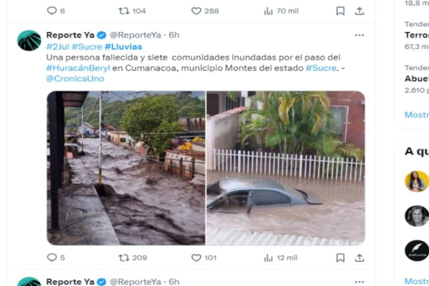 Lluvias intensas generadas por el paso del huracán Beryl causaron el desbordamiento del río Manzanares en el oriente de Venezuela.