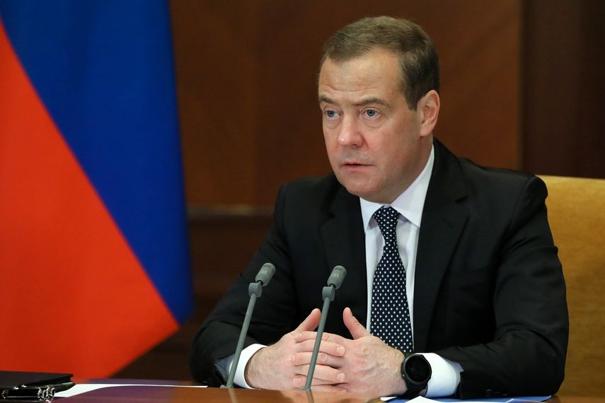 El vicepresidente del Consejo de Seguridad de Rusia y líder del partido Rusia Unida, Dmitry Medvedev, habla en Moscú, Rusia, el martes 22 de febrero de 2022.&nbsp;