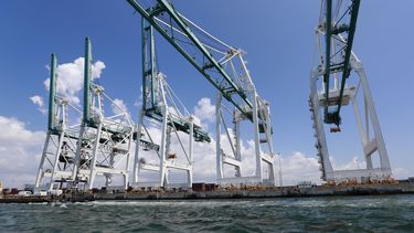 En esta imagen de julio de 2019, enormes grúas descargan contenedores en PortMiami en Miami.