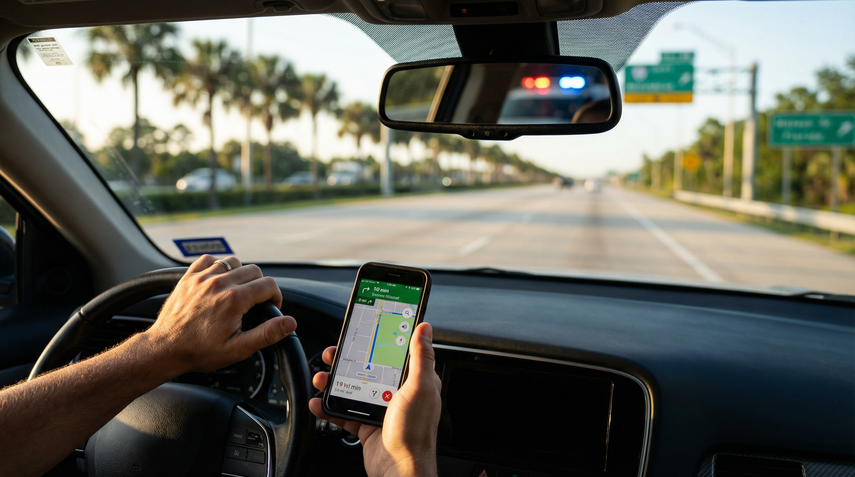 Un hombre mira el GPS de su dispositivo móvil mientras conduce.