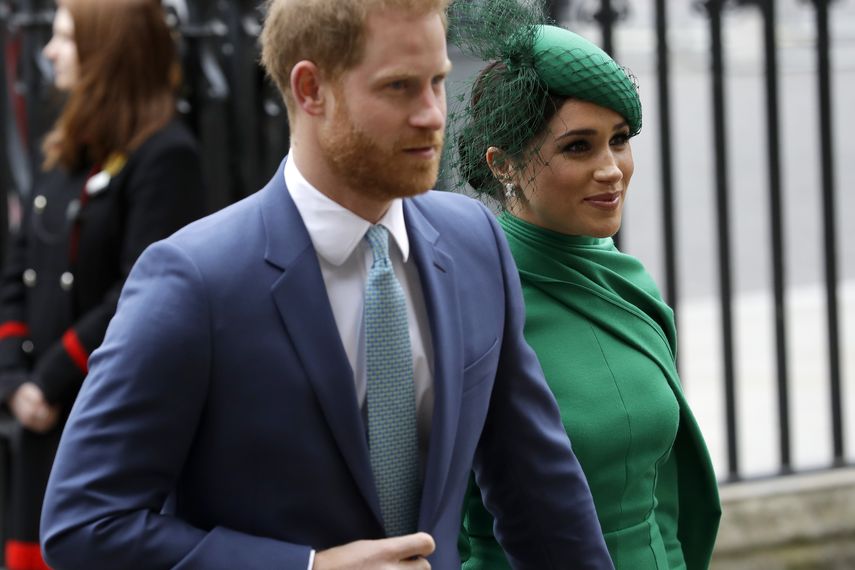El príncipe Harry y su esposa Meghan, el duque y la duquesa de Sussex, llegan al servicio anual del Commonwealth en la Abadía de Westminster en Londres el lunes nueve de marzo del 2020. 