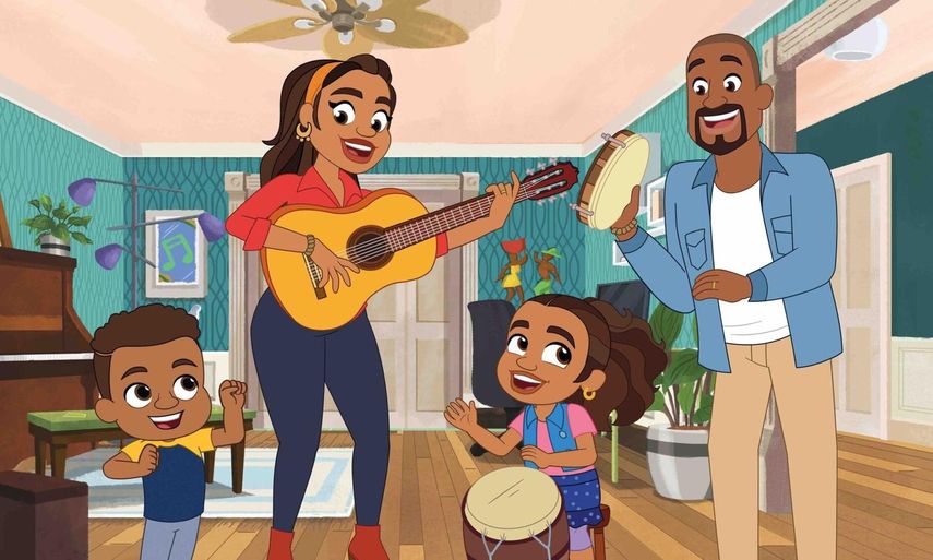 En esta imagen difundida por PBS Kids, una escena de la serie animada Almas Way enfocada en Alma Rivera, segunda de la derecha, una niña puertorriqueña que vive en el condado neoyorquino del Bronx con sus padres y su hermano menor, Junior. La serie creada por Sonia Manzano, quien interpretó a María en Sesame Street de 1971 a 2015, se estrena el 4 de octubre.