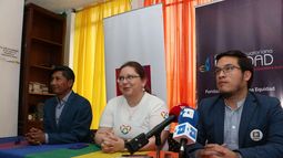 Efrain Soria (i), miembro de la comunidad LGBTI, la activista LGBTI Pamela Troya (c) y Christian Paula (d), de la Fundación Pakta, participan en una rueda de prensa.