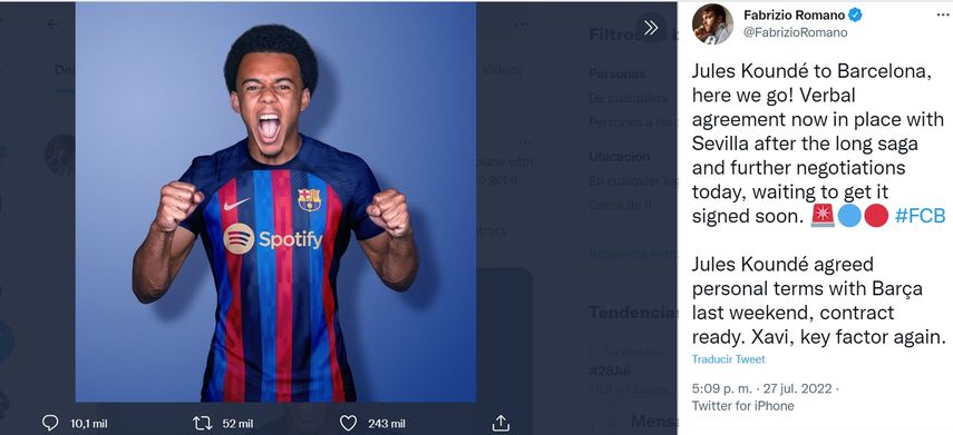 EL francés Jules Koundé completa su traspaso del Sevilla al Barcelona según los informes