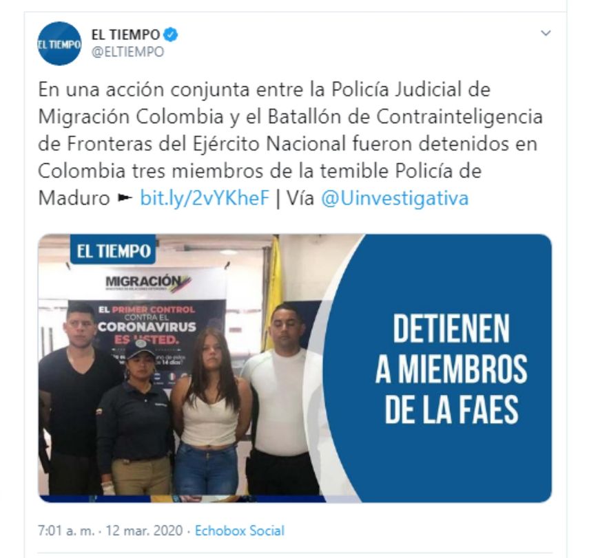 Informaci&oacute;n colgada en las redes sociales sobre la captura de los miembros del FAES en Colombia&nbsp;
