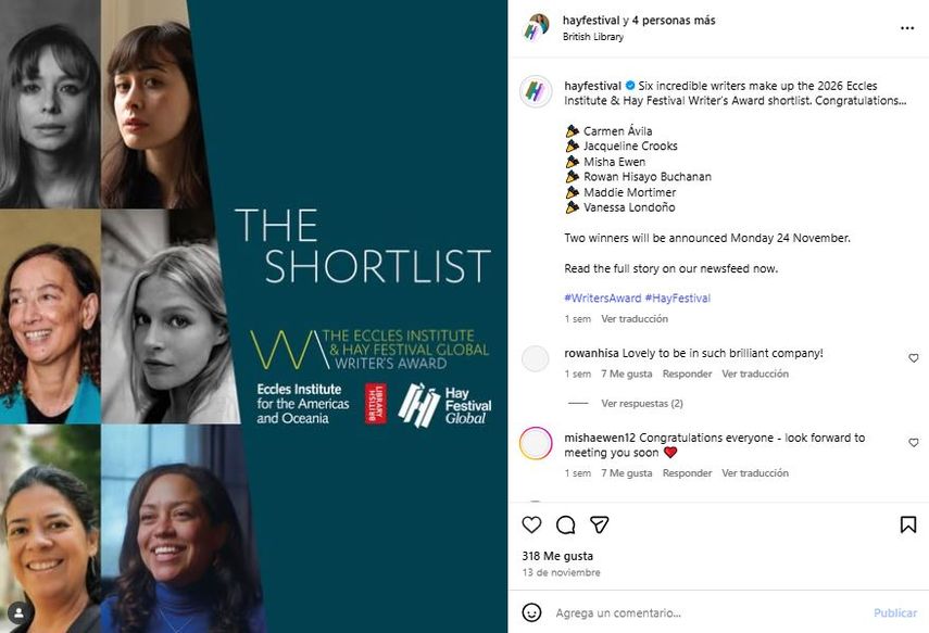 Premio de Literatura Eccles Centre y Hay Festival 2026.&nbsp;