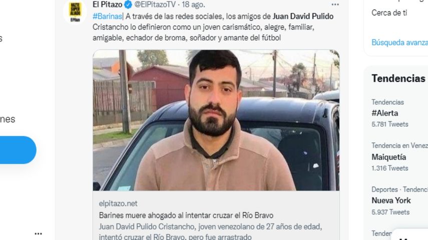 Juan David Pulido, de 27 años, perdió la vida al cruzar el río Bravo para llegar a EEUU.
