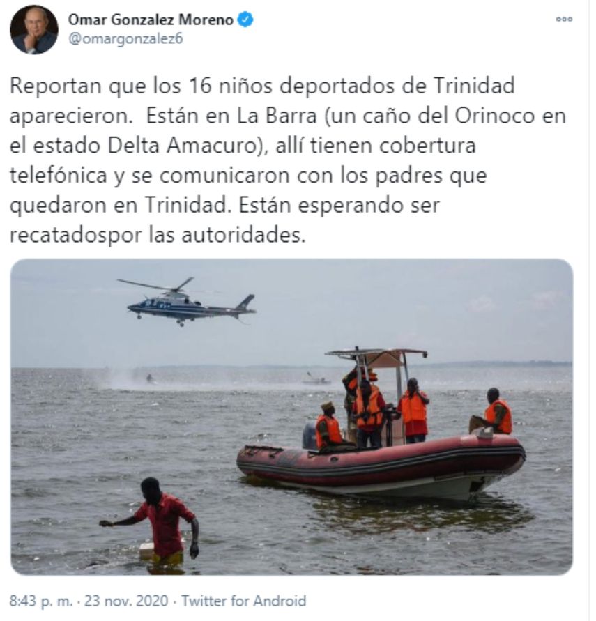 Captura de pantalla de mensaje difundido en Twitter por el diputado Omar Gonzalez, sobre el paradero de los 16 niños deportados a Venezuela desde Trinidad y Tobago.&nbsp;