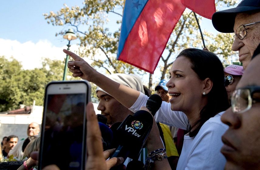 Foto de archivo de la dirigente opositora María Corina Machado durante una manifestación en Caracas, en enero de 2018.