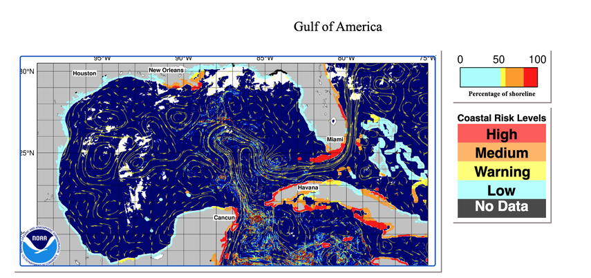 El mapa elaborado por NOAA para ubicar el sargazo. 