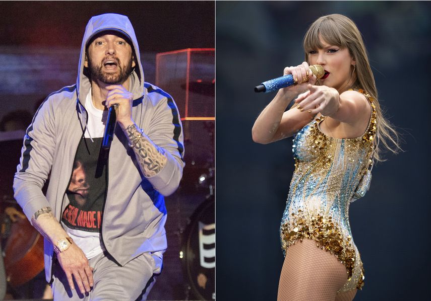 En este collage de fotos, Eminem se presenta en el Festival de Música y Artes Bonnaroo el 9 de junio de 2018 y Taylor Swift se presenta en el estadio de Wembley en Londres como parte de su Eras Tour el 21 de junio de 2024.
