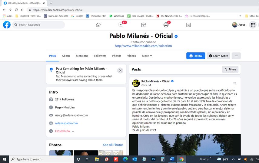 Captura de pantalla página oficial de Pablo MIlanés en Facebook.