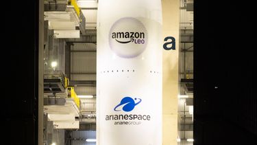 Esta fotografía muestra una vista del cohete Ariane 6 de Arianespace con la carga útil Amazon Leo LE-02 antes de su lanzamiento como parte del vuelo VA268, en el Centro Espacial de Guayana en Kourou, en el departamento francés de ultramar de Guayana, el 30 de abril de 2026.&nbsp;